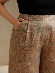 Anewsta New Women Contrast Color Drawstring Waist Cashew Flower Print Wide Leg Pants - Khaki - View 5
