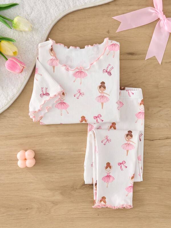 SHEIN 2pc Young Girl Girls Cute Cartoon Pattern Ruffle Trim Crew Neck Short Sleeve & Pants Knit Comfortable Loungewear Set