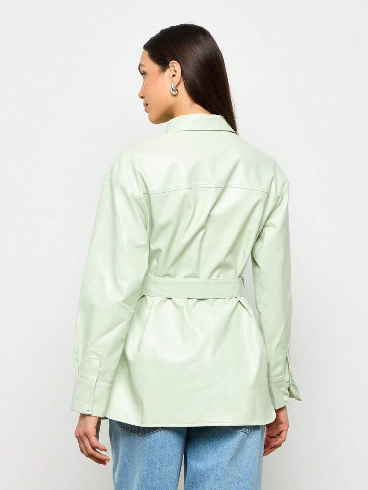 Long Sleeve Button Down Blouse With Satin Finish And Tie Waist