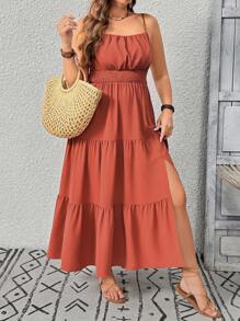 SHEIN Tall Đầm suông rộng rãi màu trơn thanh lịch thoải mái giản dị cỡ lớn cho nữ - Gỗ đỏ - Xem 4