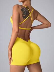 Core Rhythm Conjunto de top de camiseta sin costuras y shorts para ropa deportiva, diseño de tirantes, cintura alta control de abdomen, apto para yoga/gimnasio/correr - Amarillo - Ver 5