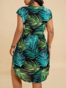 Travachic Plus Size Women Tropical Plant Print V-Neck Batwing Short Sleeve Casual Dress,Beach Dress Sundress,Holiday Outfits Boho - Multicolor - View 3