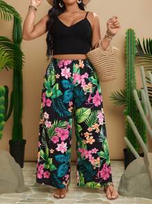 Travachic Plus Size Summer Vacation Tropical Print Elastic Waist Loose Pants Flowy Beach Boho Rave Country Concert Festival Brunch Graduation Old Money - Multicolor - View 6