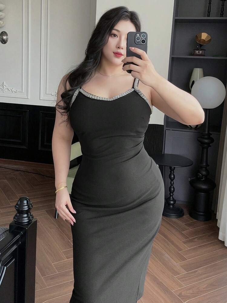 Dazy Plus Plus Size Sleeveless Long Black Party Dress With Shiny Sequin Decor Prom Dress Elegant Women Dresses Maxi Dress