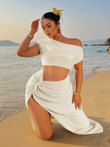 Sunnyshic 大码女式褶皱针织罗纹绿色性感扭纹紧身连衣裙 - 白色 - 查看 2