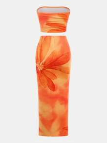 SHEIN Girlism Tween Girl Fitted Casual Comfortable Tie-Dye Floral Tube Top And Bodycon Mini Skirt Suit