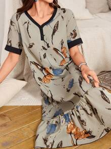 SHEIN Green Floral Print Women's Romantic Long Nightgown, Perfect For Summer, Moo Moo - Dark Green - View 4