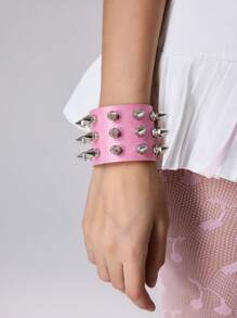 ROMWE Avant 1 件甜美前卫三排铆钉手链，Y2K 风格高品质金属简约纯粉色手镯，小众设计可调节 PU 皮绳