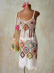 SHEIN ICON Set de 2 piese pentru femei, vară, vacanță, ieșiri la plajă, Hawaii, tropical, sexy, croșetat, colorat, tricotat, camisol, top și fustă, 2 piese - Multicolor - Vizualizare 2