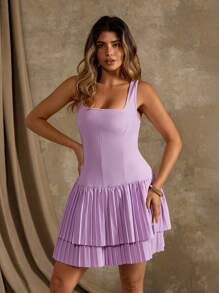 Flirla Plus Size Square Neck Multilayer Hem Pleated Romantic Sleeveless Strap Dress - Pink - View 5