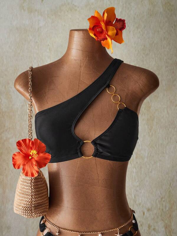 SHEIN ICON Top de bikini negru pentru femei, cu imprimeu tropical Hawaii Beach, vară, cu inel rotund și lanț, pentru plajă