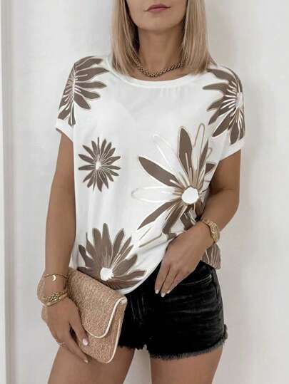 Women's Floral Print Crew Neck Short Sleeve Casual T-Shirt