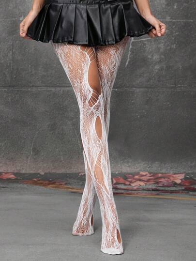 Kawaii 1 par de medias de rejilla asimétricas con agujeros al estilo Y2K, pantimedias vintage blancas sólidas y con patrón de rosa, leggings elásticos súper delgados y transparentes