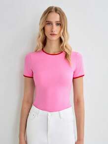 Lumivelle Camiseta casual deportiva de cuello redondo y manga corta con ribete de contraste para mujeres