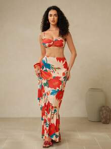 Swim Oasis 3pcs/Set New Spring/Summer Multi-Color Floral Random Print Off-Shoulder Backless Elegant Bohemian Vacation Casual Beach Party Bikini Set, Ruffle Hem Maxi Skirt & Beach Cover Up Dress Swimsuit - Multicolor - View 1