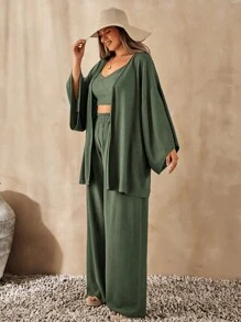 EURMUSE Plus Solid Crop Cami Top With Kimono & Pants Set - Green - View 5