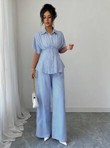 Modelyn 2件套女士条纹蝙蝠袖上衣和裤子套装，夏季