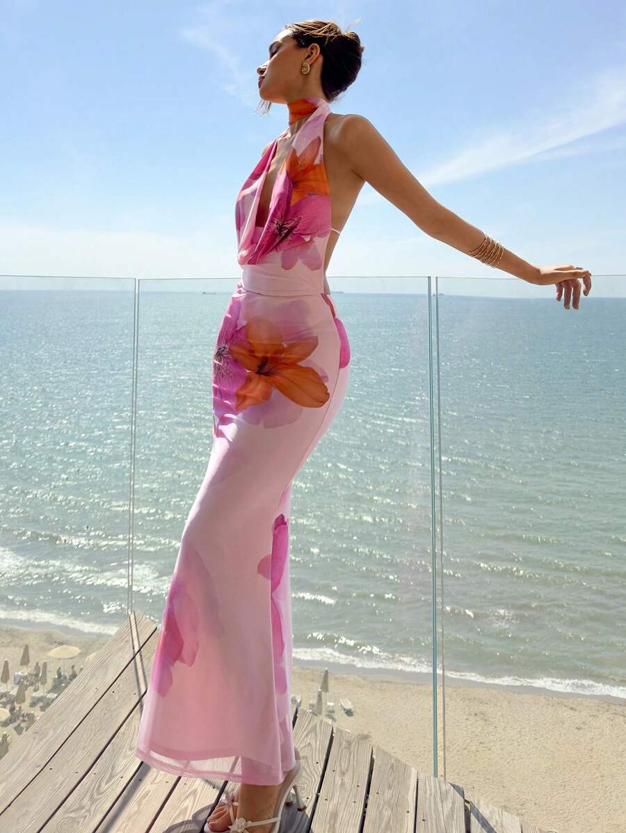 Aloruh 女士优雅浪漫露背印花连衣裙 - 淺粉色 - 查看 1