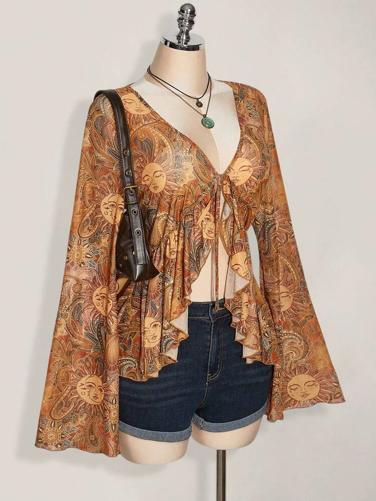 SHEIN ICON Plus Size Y2K Retro Floral Print Front Tie Knit Top, Sunray Paisley Print, Boho, Flare Sleeve Sheer Print Blouse, Music Festival, Summer Vacation,Vintage - Multicolor - View 5