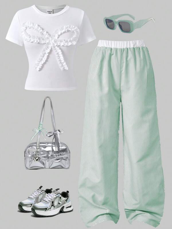 SHEIN Spring Summer Teen Girls 2 Pieces Set: Sweet Cute Casual Design Flounce Bow Decor Round Neck Short T-Shirt Paired With Contrast Stripe Wide Leg Pants, Suitable For Daily, Commuting, Sisters Gathering, Holiday, Street Photography Girl Outfit Set