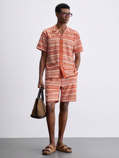 Maija 2 件套男士全印花纽扣前短袖衬衫和口袋短裤套装，夏威夷风