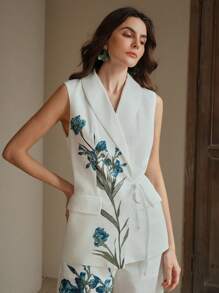 Anewsta Elegant Collar Ribbon Waist Fitted Sleeveless Women Jacket - White - View 4