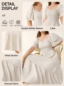 Comfylo Vestido de manga corta con cuello cuadrado, volantes y fruncidos en la Bottom, talla grande, unicolor, cómodo y holgado, estilo bohemio, ideal para el Día de la Madre, graduación, verano, vestido fluido blanco, atuendos de vacaciones y playa para mujer, atuendos de vacaciones, vestidos de sol para mujer - Albaricoque - Ver 8