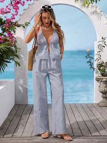 Vivid Eden 2 件套女士露背条纹上衣和裤子，夏季时尚 - 藍色 - 查看 6