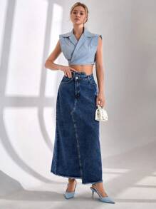 SHEIN Cottnline Jupe en jean mini asymétrique délavée et effilochée pour femmes, style casual - Jean brut - Voir 4