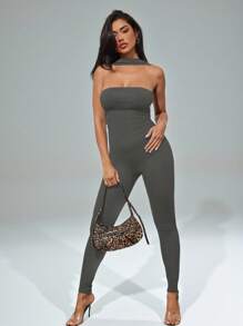 Denimoi 纯色性感露背颈链连体裤 - 灰色 - 查看 5