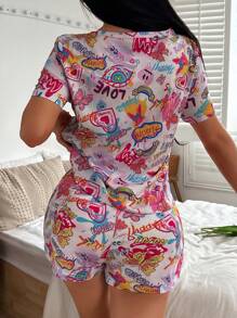 SHEIN Colorful Cartoon Graffiti Print Ladies Pajama Set - Pink - View 2