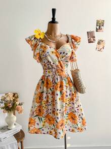 Soleia Plus Size V-Neck Layered Collar Cap Sleeve Cinched Waist A-Line Orange Floral Print Resort Vacation Mini Dress - Multicolor - View 5