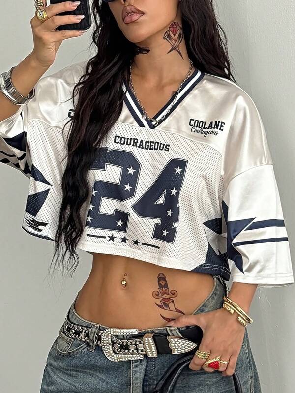 Coolane 女式夏季街头运动短款针织号码图案宽松透气网眼 T 恤