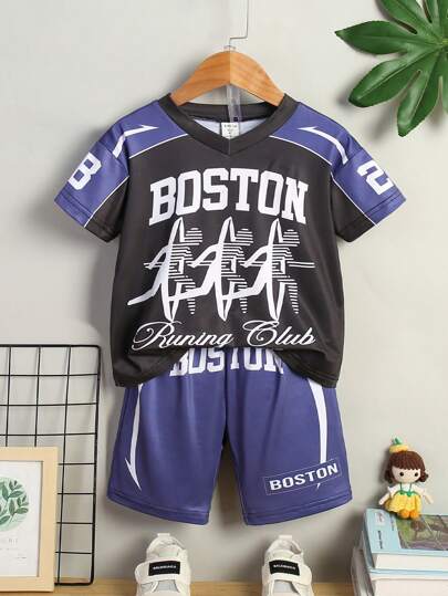 2pcs Toddler Boys Fashion Casual Color-Block Letter & Number Print Round Neck Short Sleeve T-Shirt And Shorts Set, Stylish Street Sporty Family Matching Outfits For Daddy And Me (Sold Separately)