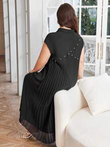 Lacomfia 大码休闲纯色衬衫领珍珠装饰褶皱后背宽松常规春夏连衣裙 - 黑色 - 查看 2