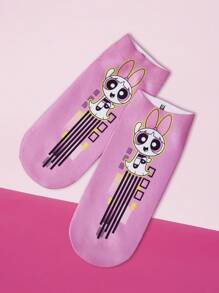THE POWERPUFF GIRLS X SHEIN 1双时尚可爱的花朵图案粉色踝袜 - 彩色 - 查看 3