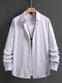 Manfinity Mode 男士条纹印花纽扣前长袖休闲衬衫，春秋 - 彩色 - 查看 3