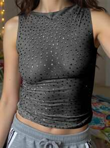 INAWLY Women's Summer Casual Rhinestone Embellished Fitted Cropped Tank Top - Black - View 3