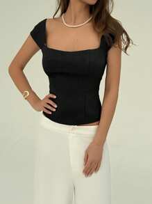 Aloruh Top corto sexy con cuello cuadrado y escote ultra bajo, camisa con botones estilo clubwear, top de cuello cuadrado