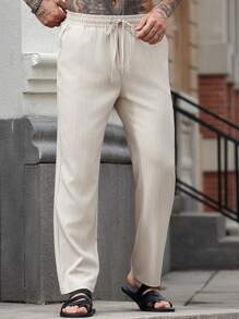Manfinity Homme Men's Solid Color Drawstring Waist Pockets Casual Pants, Versatile - Apricot - View 3