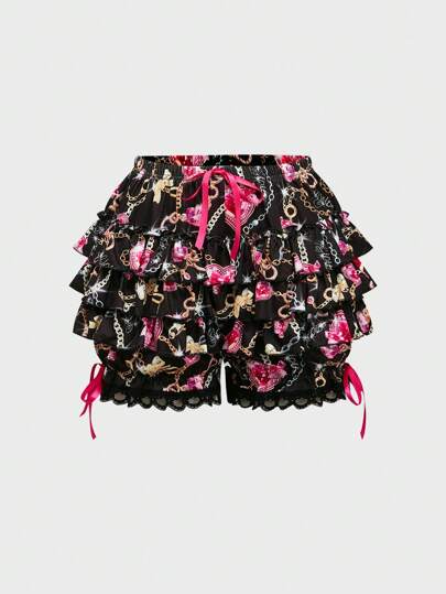 Kawaii Pantalones cortos de mujer con estampado de mariposa 3D, efecto de volantes, y cadena de perfume con estilo Shibuya Gyaru Y2K