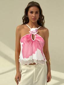 Aloruh 女士印花3D花朵装饰时尚吊带上衣，适合度假穿着