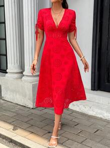 Pariaura Women's Romantic Hollow V-Neck Drawstring Ruched Solid Color Long Dress, Fashionable French Street Style - Red - View 6