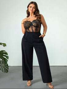 Firerie Plus Size Women's Elegant Lace Patchwork Halter Jumpsuit With Pockets, Comfortable Casual Holiday/Party/Date Night Bodycon Jumpsuit, Black