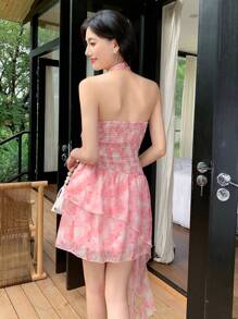 SHEIN LUNE Tie-Dye Organza Print Stand Collar Fluttered Ruffle Hem Floral Sweet Holiday Mini Dress For Women - Pink - View 2