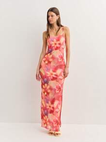 Nöista Sleeveless Dress Features A Square Neckline And Thin Straps, Crafted From A Soft, Semi-Sheer Fabric. Its Vivid Floral Pattern Adds Tropical Charm, Perfect For Summer Parties, Beach Vacations, Or Sunset Dinners. Bold Yet Effortlessly Elegant. 4th Of July Outfits - Red - View 1