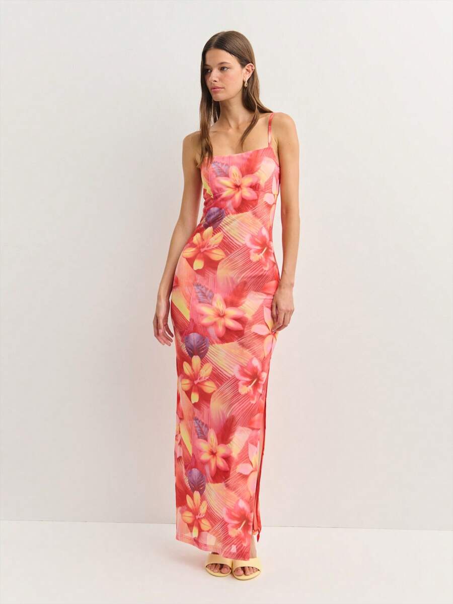 Nöista Sleeveless Dress Features A Square Neckline And Thin Straps, Crafted From A Soft, Semi-Sheer Fabric. Its Vivid Floral Pattern Adds Tropical Charm, Perfect For Summer Parties, Beach Vacations, Or Sunset Dinners. Bold Yet Effortlessly Elegant. 4th Of July Outfits - Red - View 1