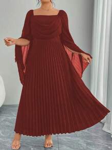 Modelyn Damen Plissee Taille Passform & Flare elegantes Pendler Große Größen Kleid mit quadratischem Ausschnitt und Langarm - Gebrannte Orange - Übersicht 3