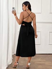 Allurite Đầm đi làm sang trọng đến dạ hội, Đầm midi không tay thắt nơ sau lưng bằng vải thoải mái, giản dị, màu đen, cỡ lớn, phù hợp cho mùa xuân, hè, thu - màu đen - Xem 6