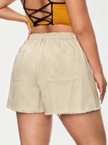 SHEIN EZwear 大码女式磨边休闲纯色高腰宽松牛仔短裤，夏季 - 杏色 - 查看 2